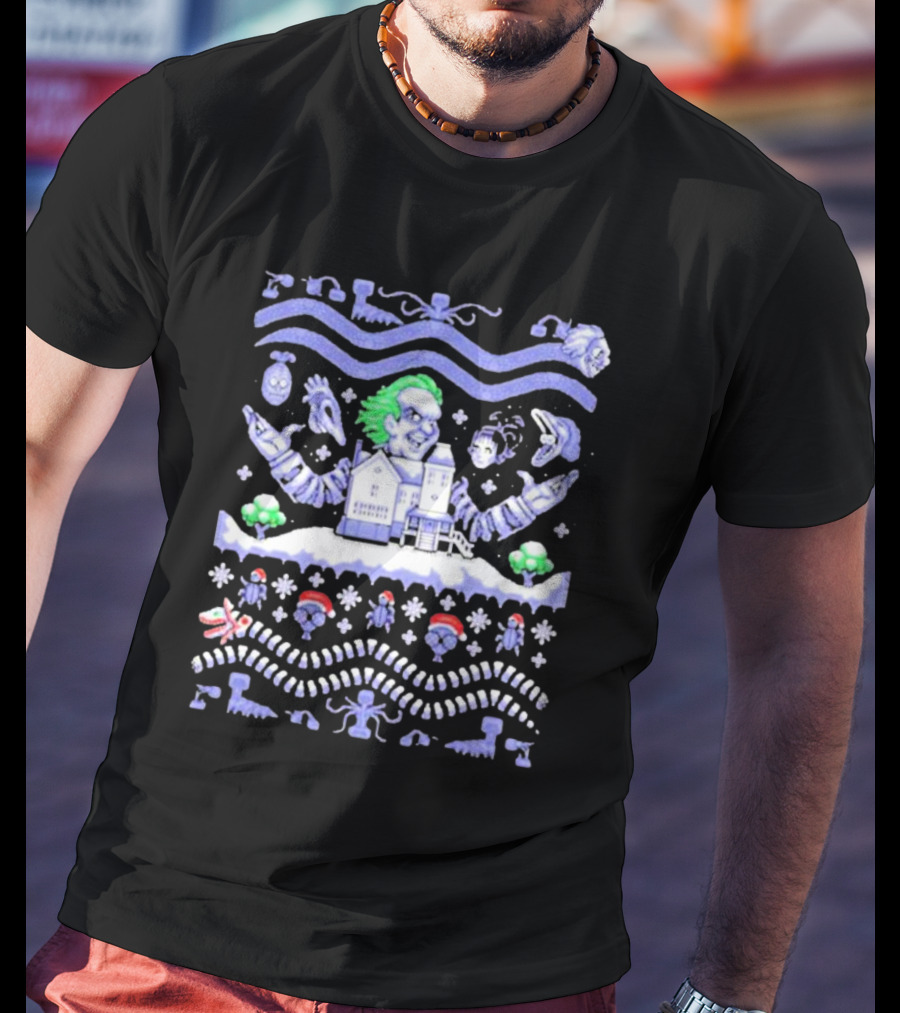 Christmas Beetlejuice Snowy House Scene And Ghostly Icons T-Shirt