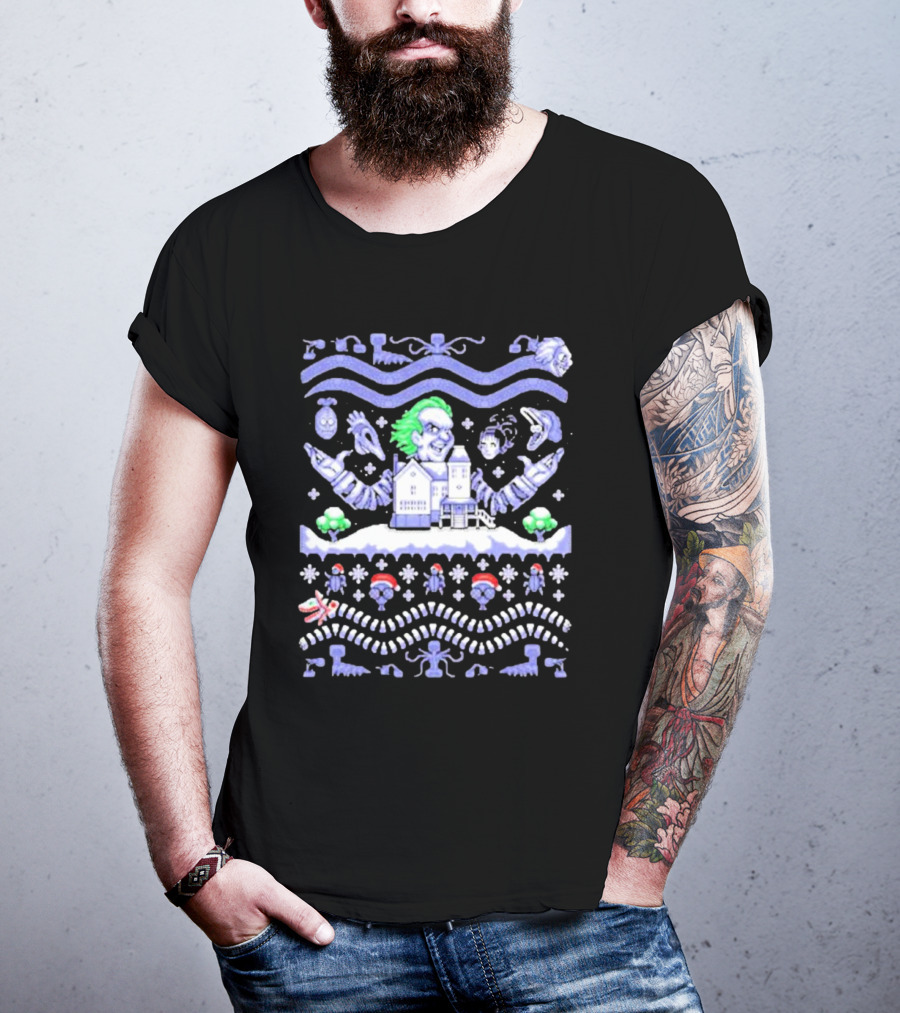 Christmas Beetlejuice Snowy House Scene And Ghostly Icons T-Shirt