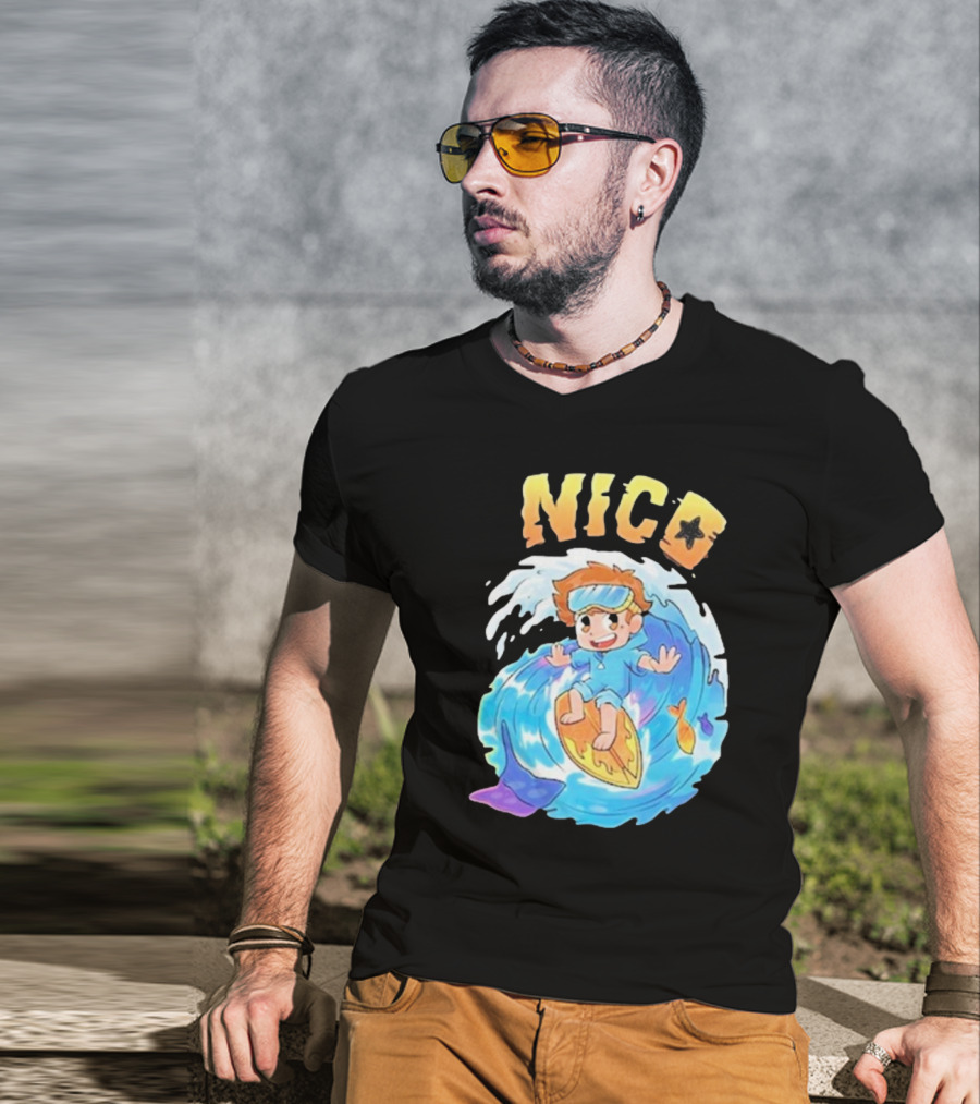 Nico Surfing In Ocean Wave Art With Cash And Nico Nico Starfish T-Shirt