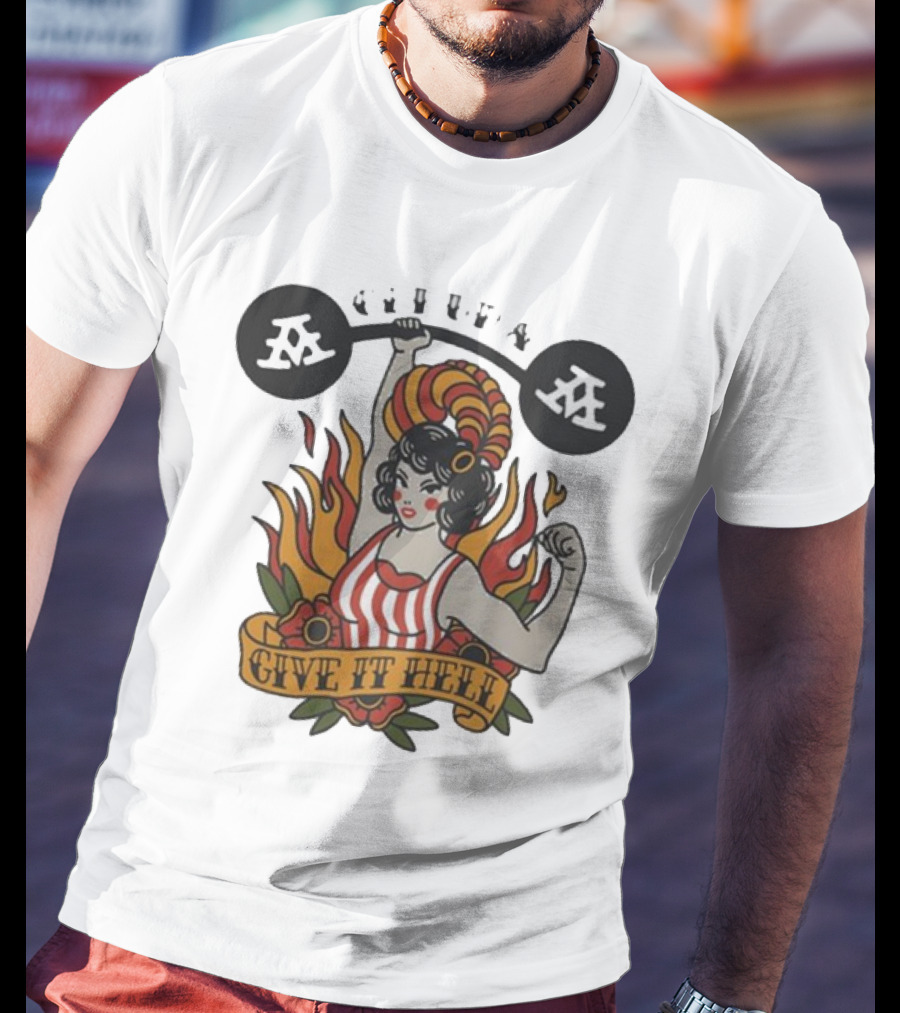 Get Up Give It Hell Retro Strongwoman Flames Barber Pole Haircurl Stripes Roses Boxing Gym Vintage T-Shirt