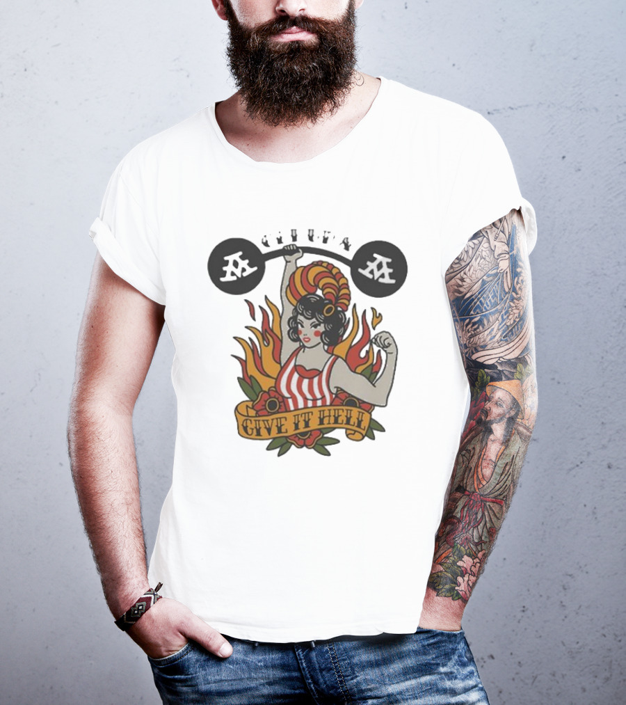 Get Up Give It Hell Retro Strongwoman Flames Barber Pole Haircurl Stripes Roses Boxing Gym Vintage T-Shirt