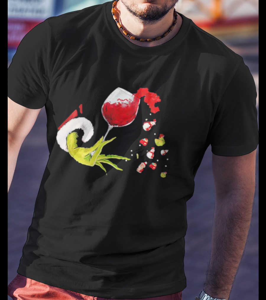 Grinch Hand Christmas Wine Glass Festive Holiday T-Shirt