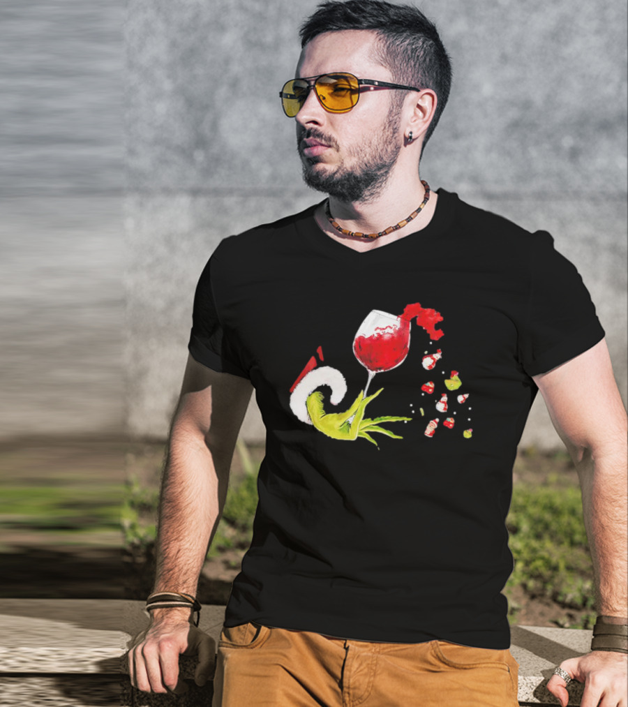Grinch Hand Christmas Wine Glass Festive Holiday T-Shirt