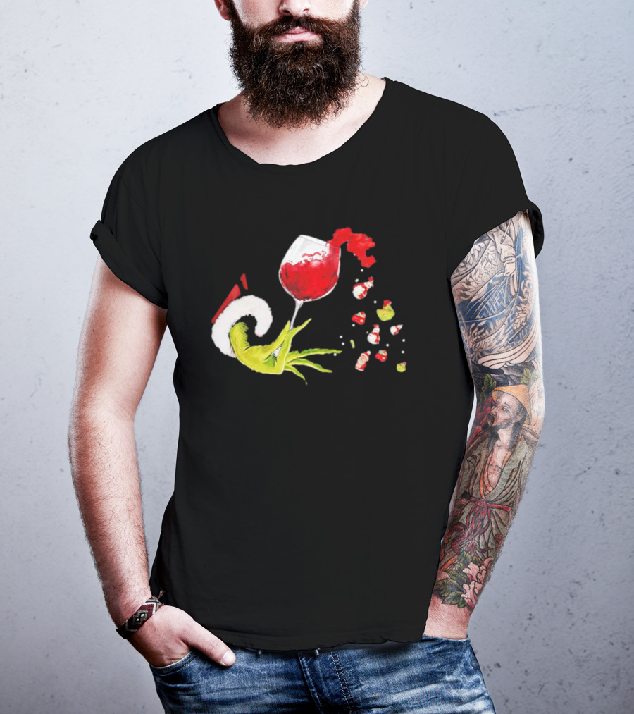 Grinch Hand Christmas Wine Glass Festive Holiday T-Shirt