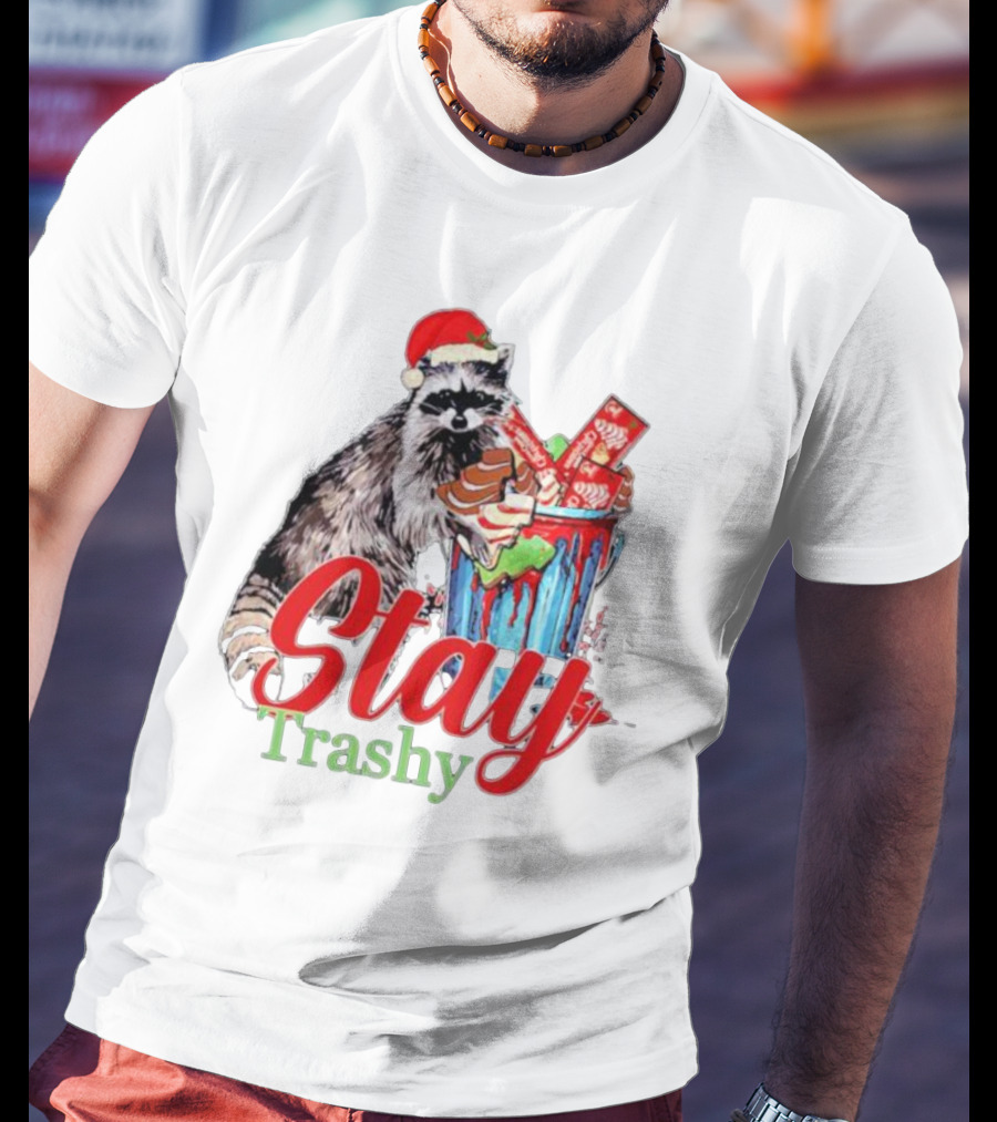 Stay Trashy Christmas Raccoon Xmas Lover With Santa Hat T-Shirt