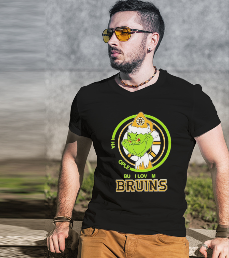 The Grinch Santa Boston Bruins I Hate People But Love My Hockey Team T-Shirt