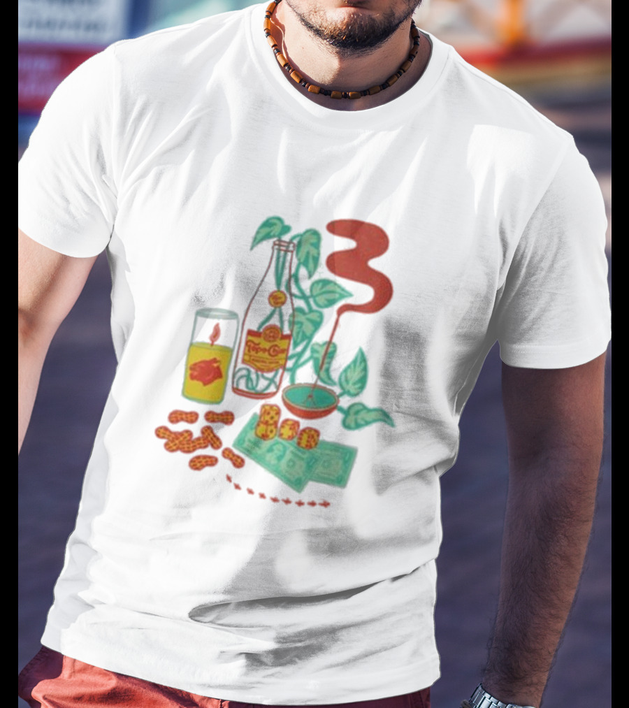 Quarenscene Natural Topo Chico Bottle With Dice, Peanuts, Dollar Bills, Glass, And Smoking Pipe Scene T-Shirt