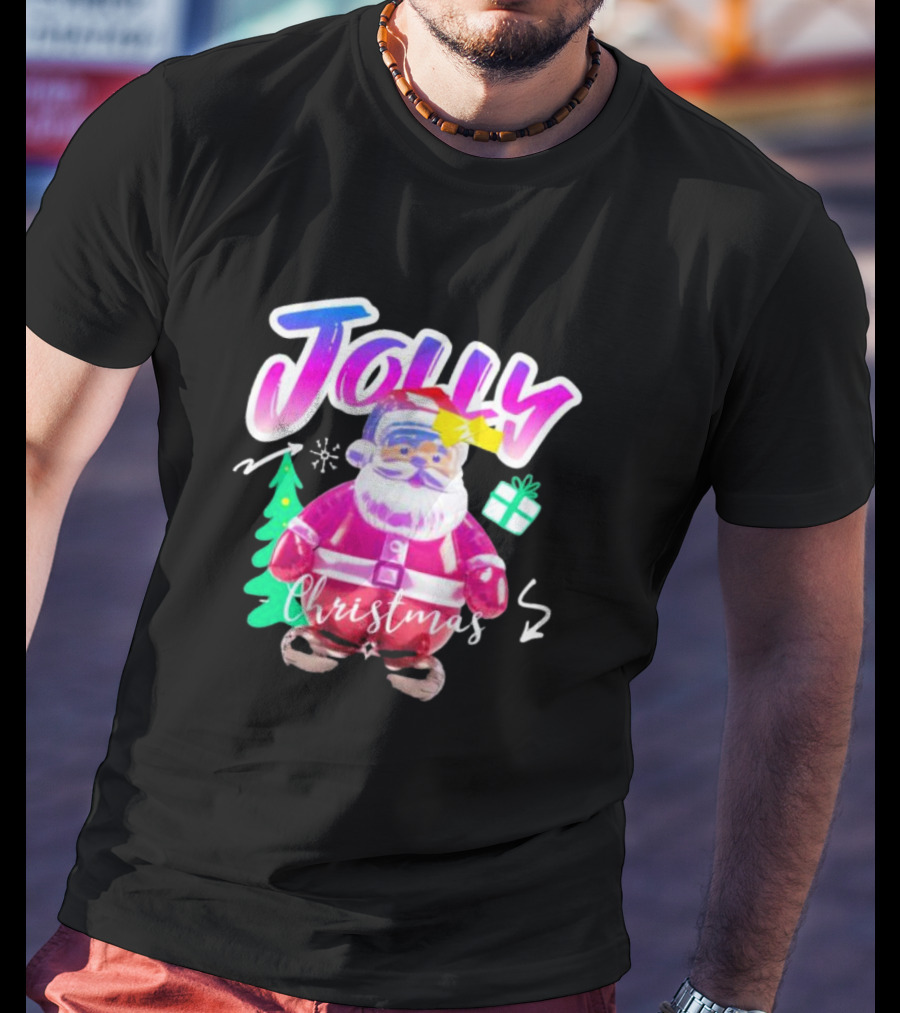 Jolly Merry Christmas Santa Balloon With Gift And Christmas Tree T-Shirt