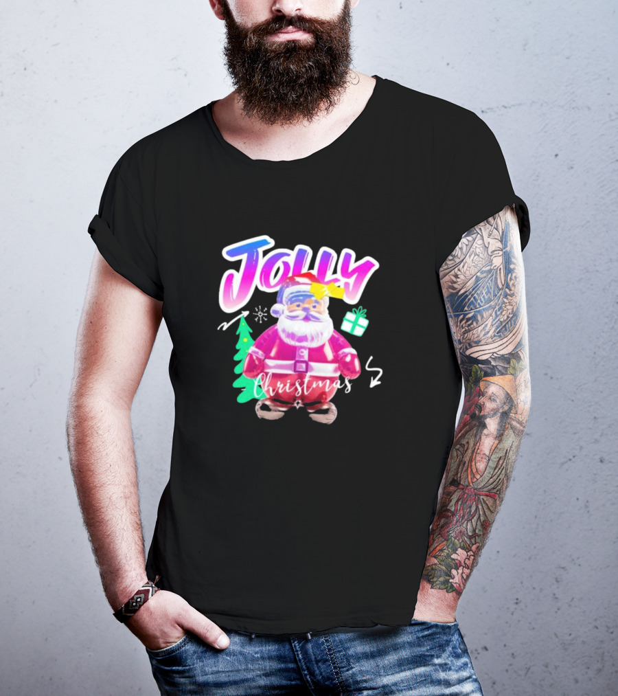 Jolly Merry Christmas Santa Balloon With Gift And Christmas Tree T-Shirt