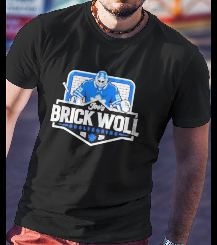 Joe's Brick Woll Goaltending Hockey Maple Leafs 60 Blue Goalie Blocking Net T-Shirt