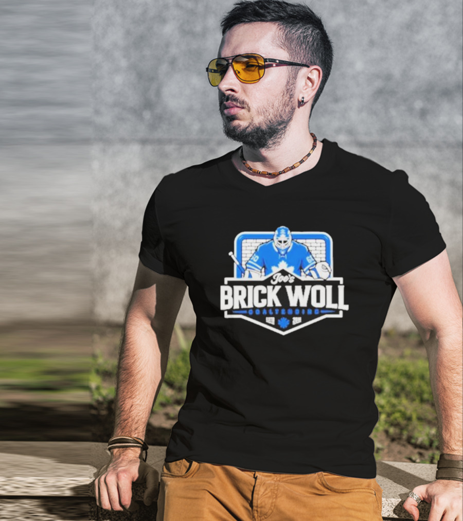 Joe's Brick Woll Goaltending Hockey Maple Leafs 60 Blue Goalie Blocking Net T-Shirt