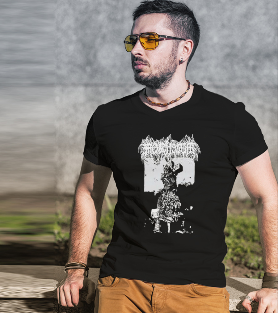 Mortiferum Burial Stone Cross Death Metal Band Logo With Gothic Cemetery T-Shirt