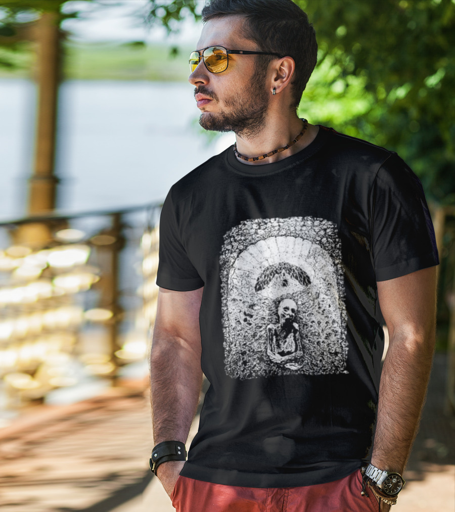 Mortiferum Cave Dweller Skeleton In Gothic Archway T-Shirt