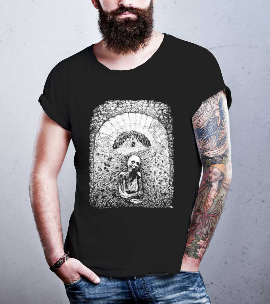 Mortiferum Cave Dweller Skeleton In Gothic Archway T-Shirt