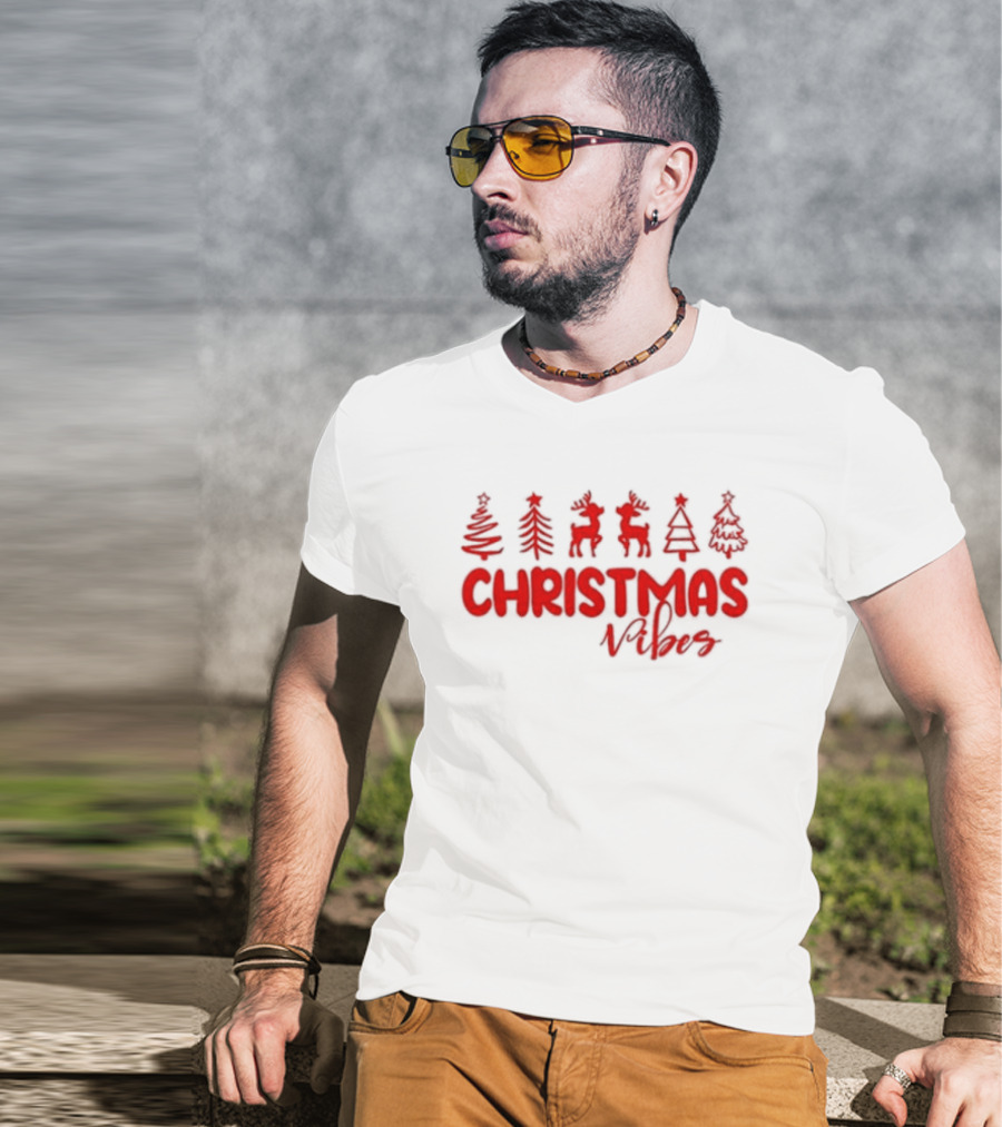 Christmas Vibes Festive Trees And Reindeer T-Shirt
