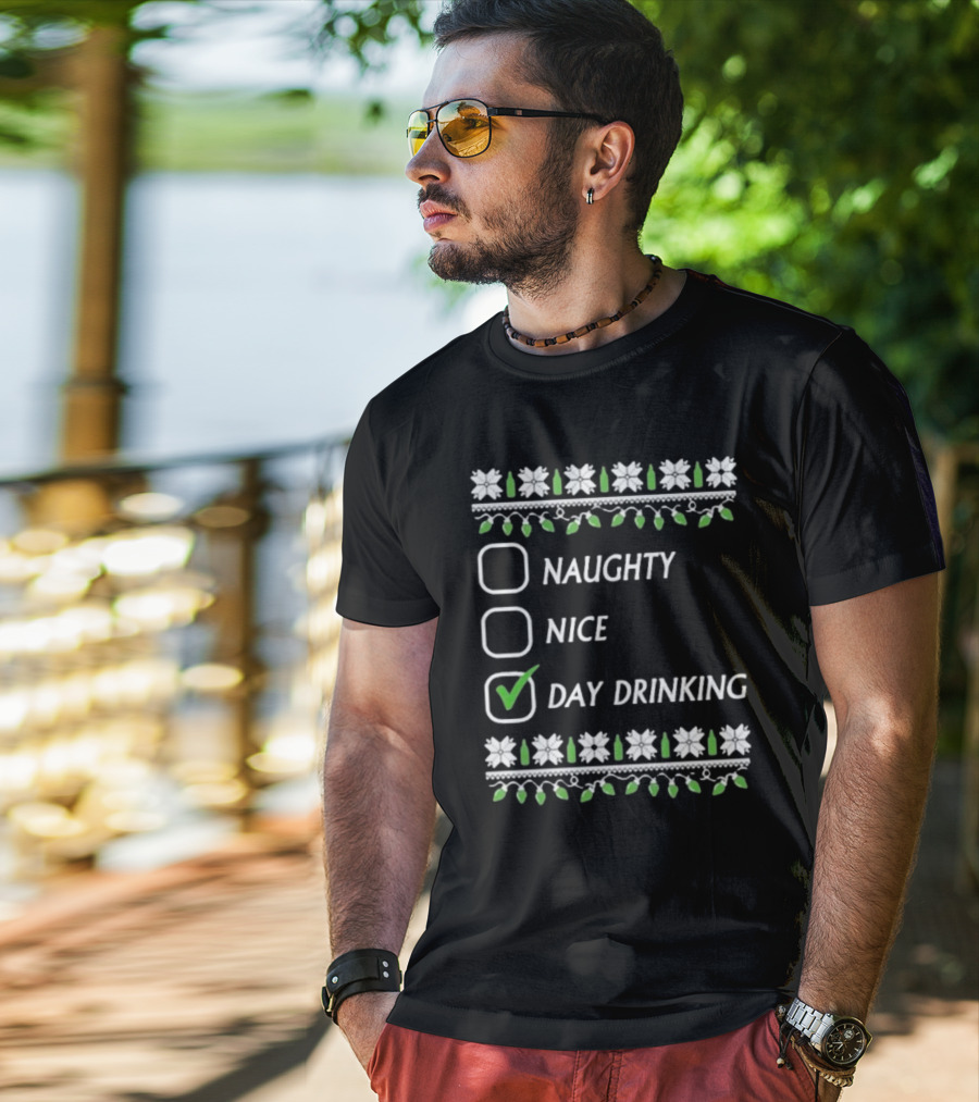 Naughty Nice Day Drinking Christmas Floral Checklist T-Shirt