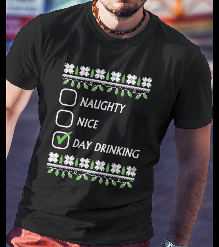 Naughty Nice Day Drinking Christmas Floral Checklist T-Shirt
