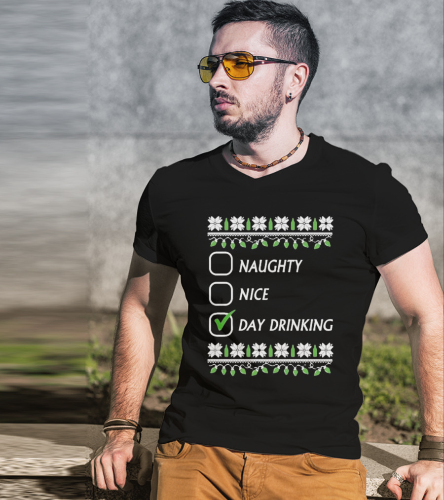 Naughty Nice Day Drinking Christmas Floral Checklist T-Shirt
