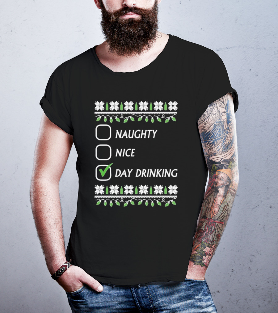 Naughty Nice Day Drinking Christmas Floral Checklist T-Shirt