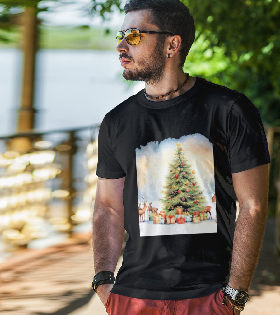 Watercolor Christmas Tree With Reindeer And Presents Scene T-Shirt