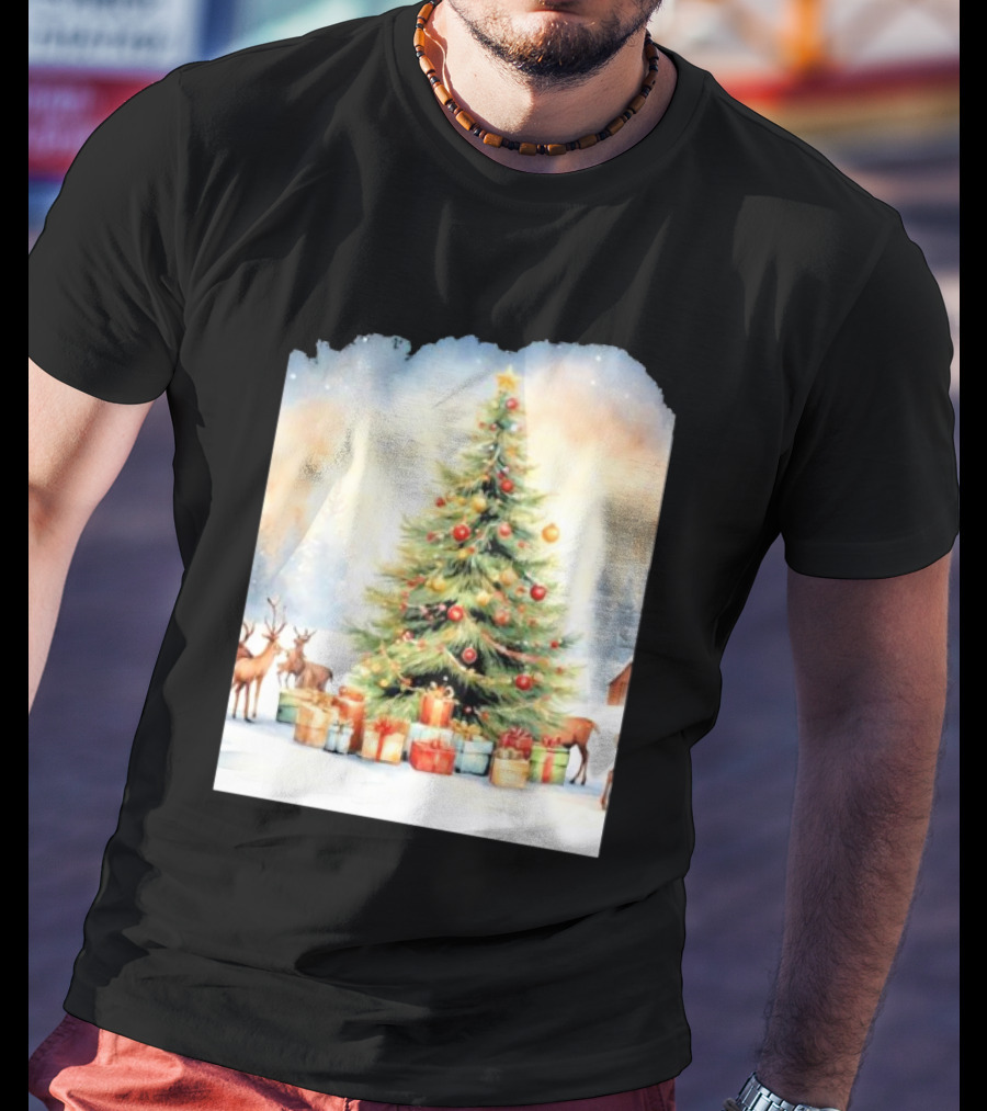 Watercolor Christmas Tree With Reindeer And Presents Scene T-Shirt