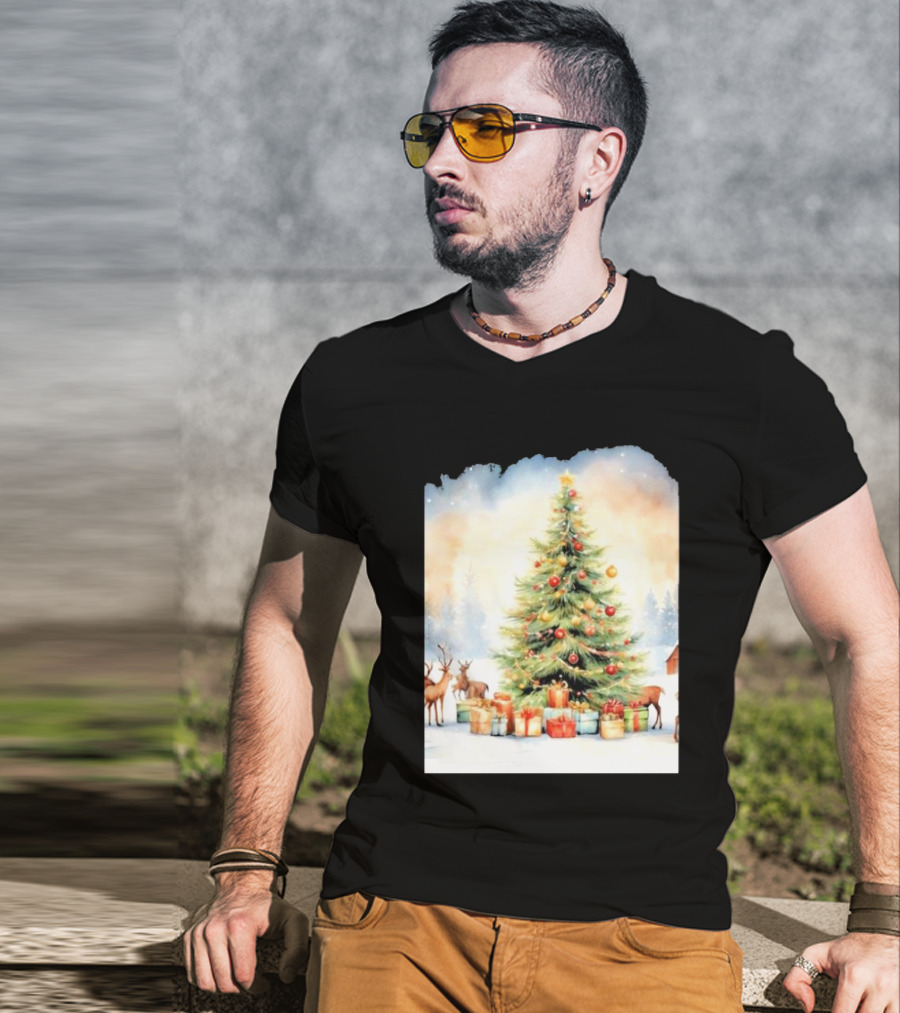 Watercolor Christmas Tree With Reindeer And Presents Scene T-Shirt