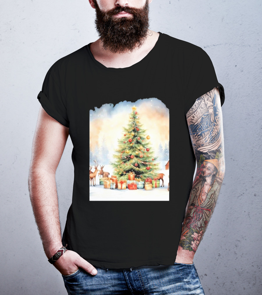 Watercolor Christmas Tree With Reindeer And Presents Scene T-Shirt