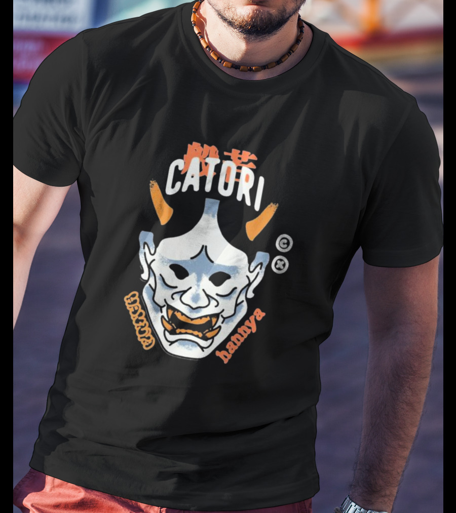 Catori Hannya Mask Face Copyright Symbol Orange Horns T-Shirt