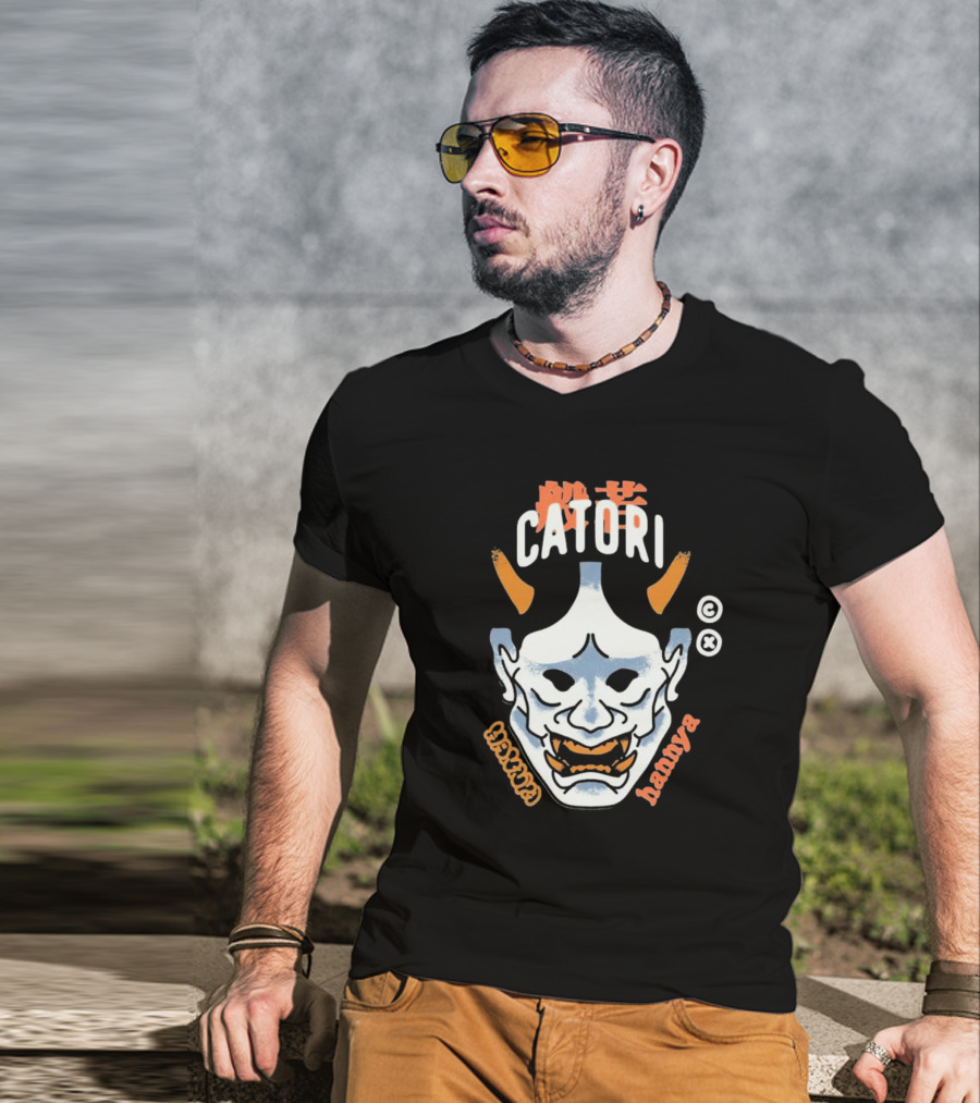 Catori Hannya Mask Face Copyright Symbol Orange Horns T-Shirt