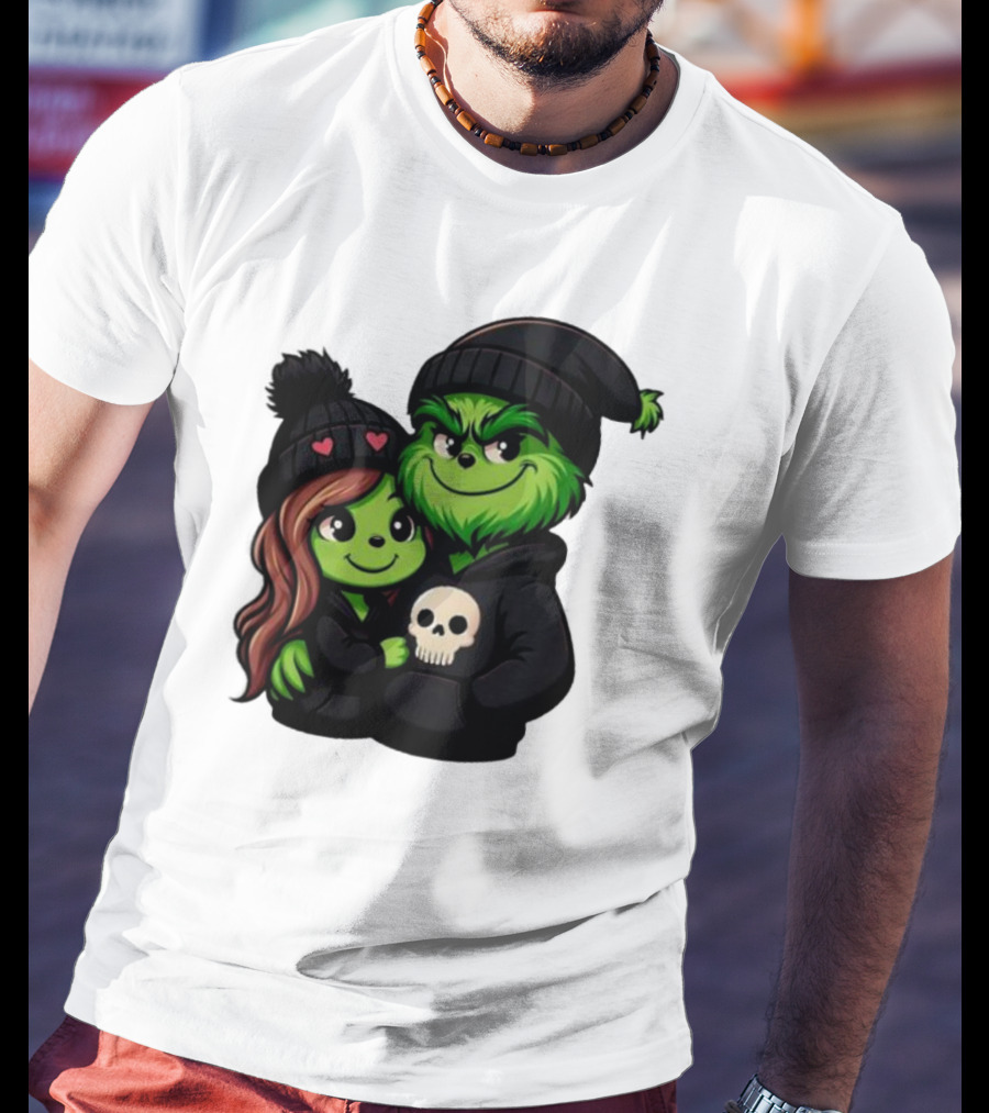 Cute Grinch And Girlfriend In Black Beanies With Skull Hoodie And Heart Details T-Shirt