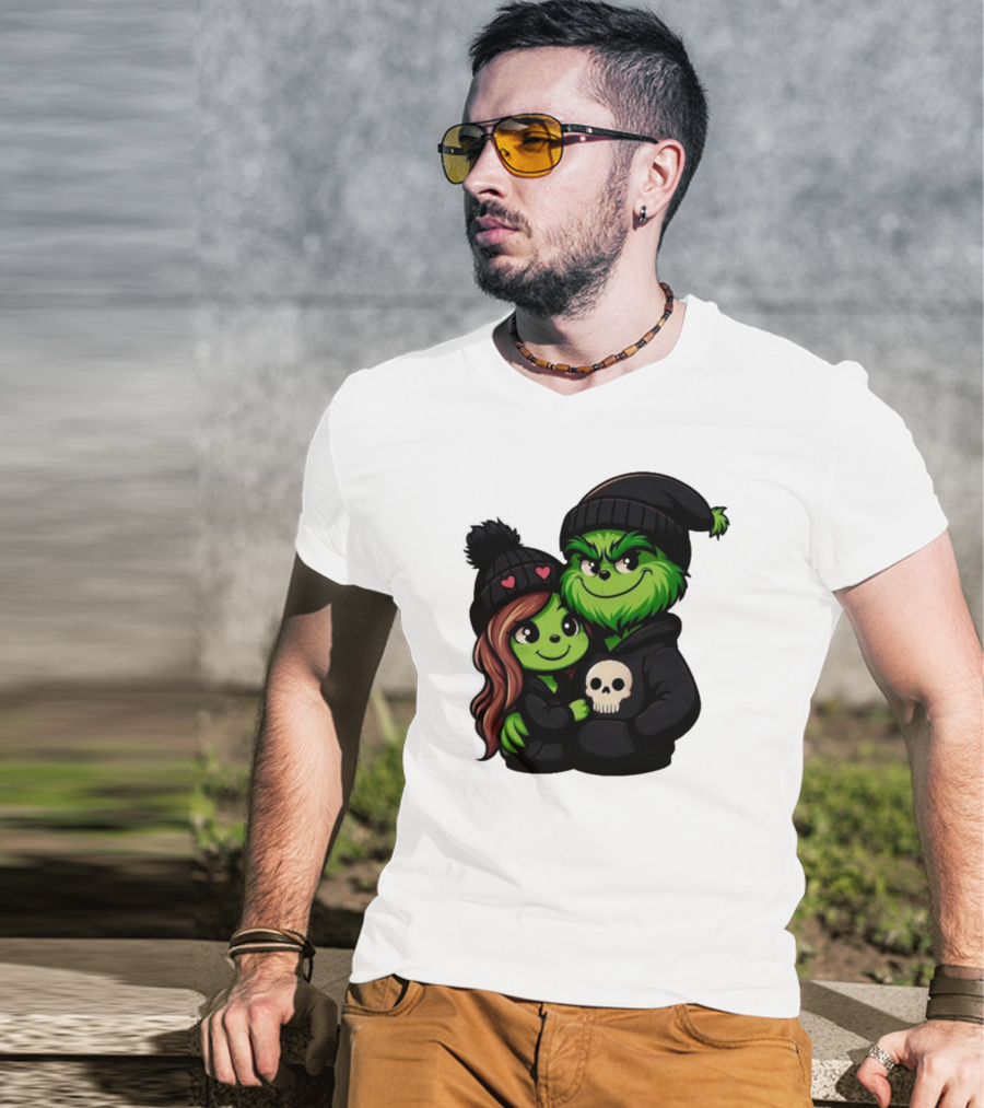 Cute Grinch And Girlfriend In Black Beanies With Skull Hoodie And Heart Details T-Shirt