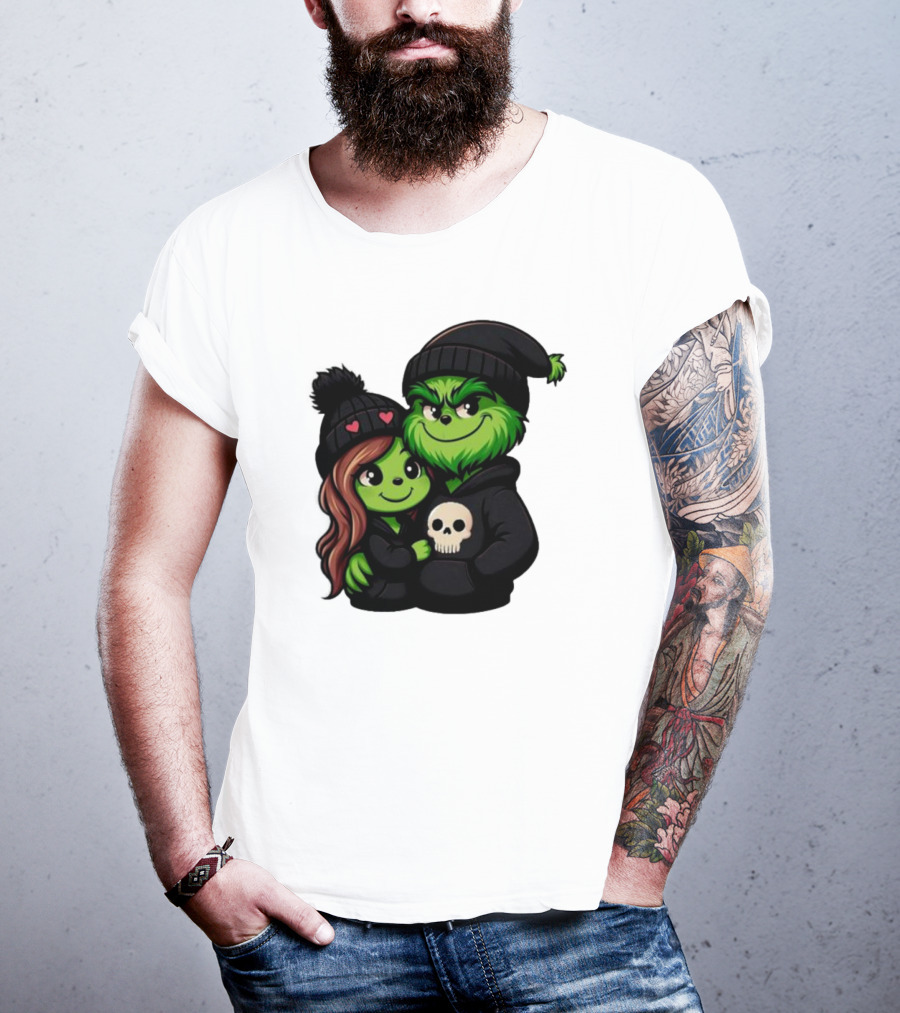 Cute Grinch And Girlfriend In Black Beanies With Skull Hoodie And Heart Details T-Shirt