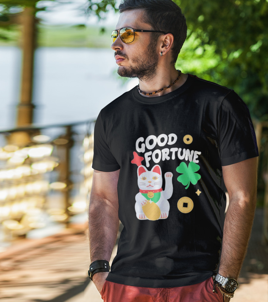 Good Fortune Cat With Clover And Coins T-Shirt
