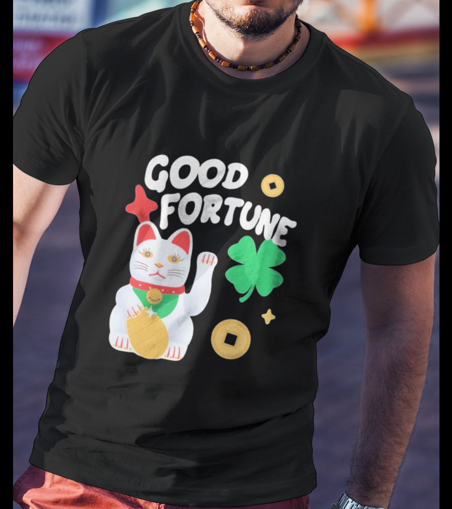 Good Fortune Cat With Clover And Coins T-Shirt