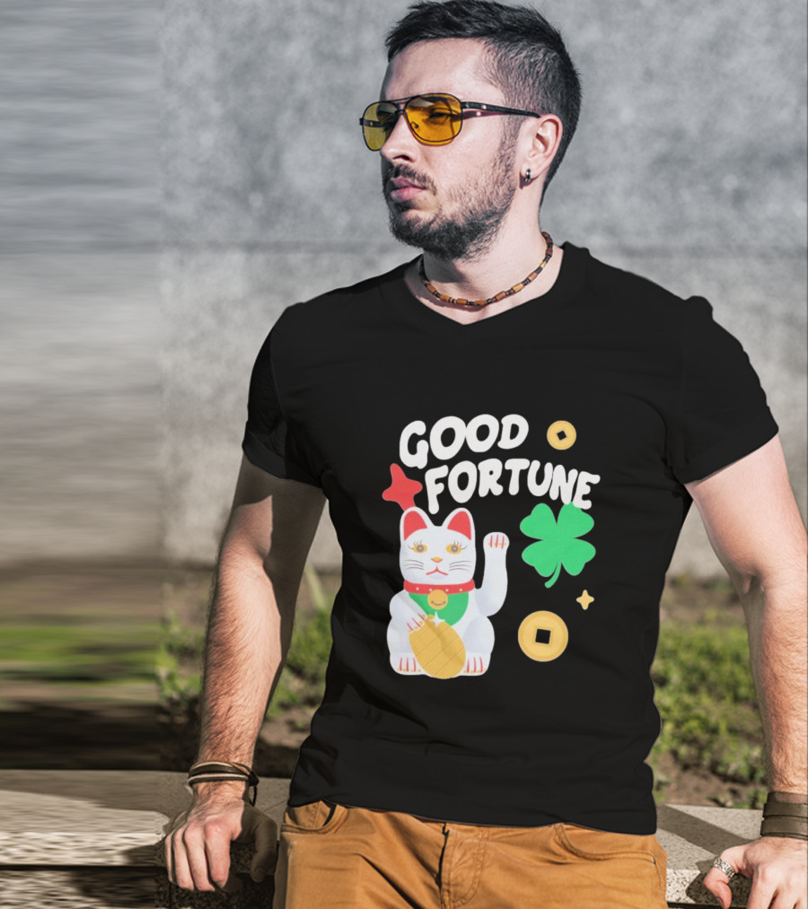 Good Fortune Cat With Clover And Coins T-Shirt