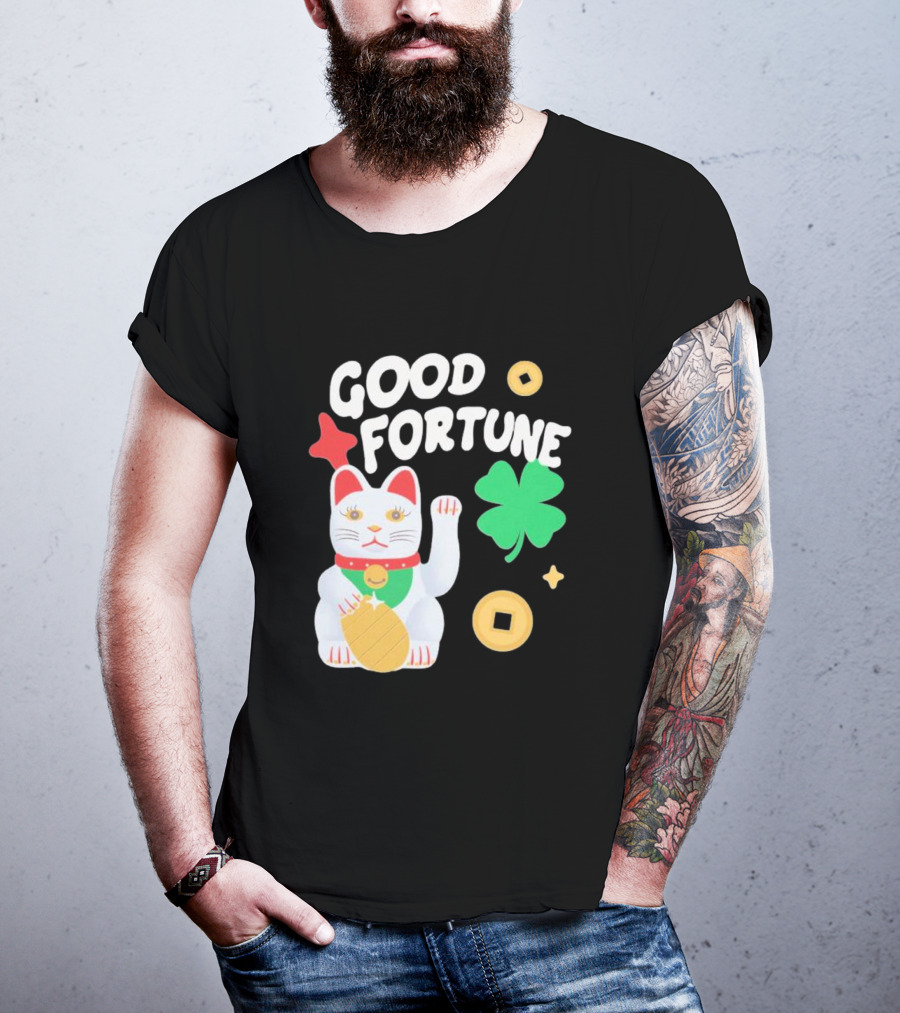 Good Fortune Cat With Clover And Coins T-Shirt