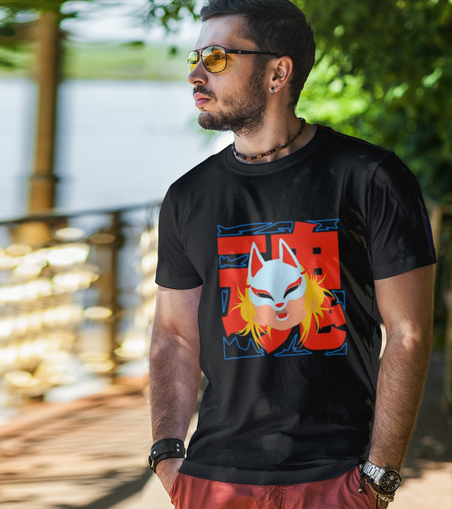 Kitsune Catori Mask With Red Kanji And Blond Hair T-Shirt