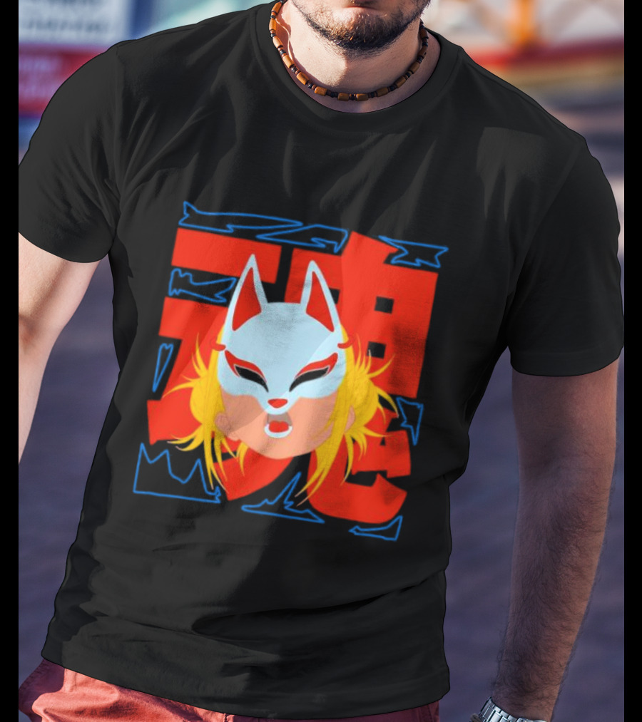 Kitsune Catori Mask With Red Kanji And Blond Hair T-Shirt