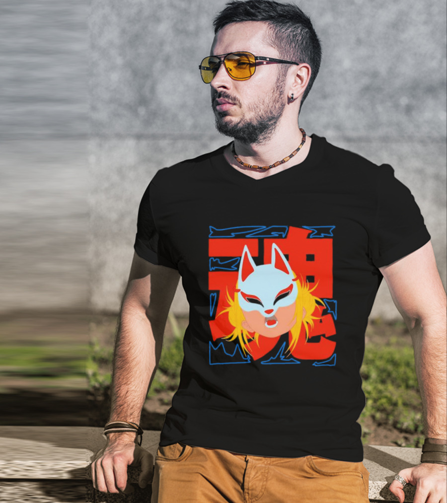 Kitsune Catori Mask With Red Kanji And Blond Hair T-Shirt