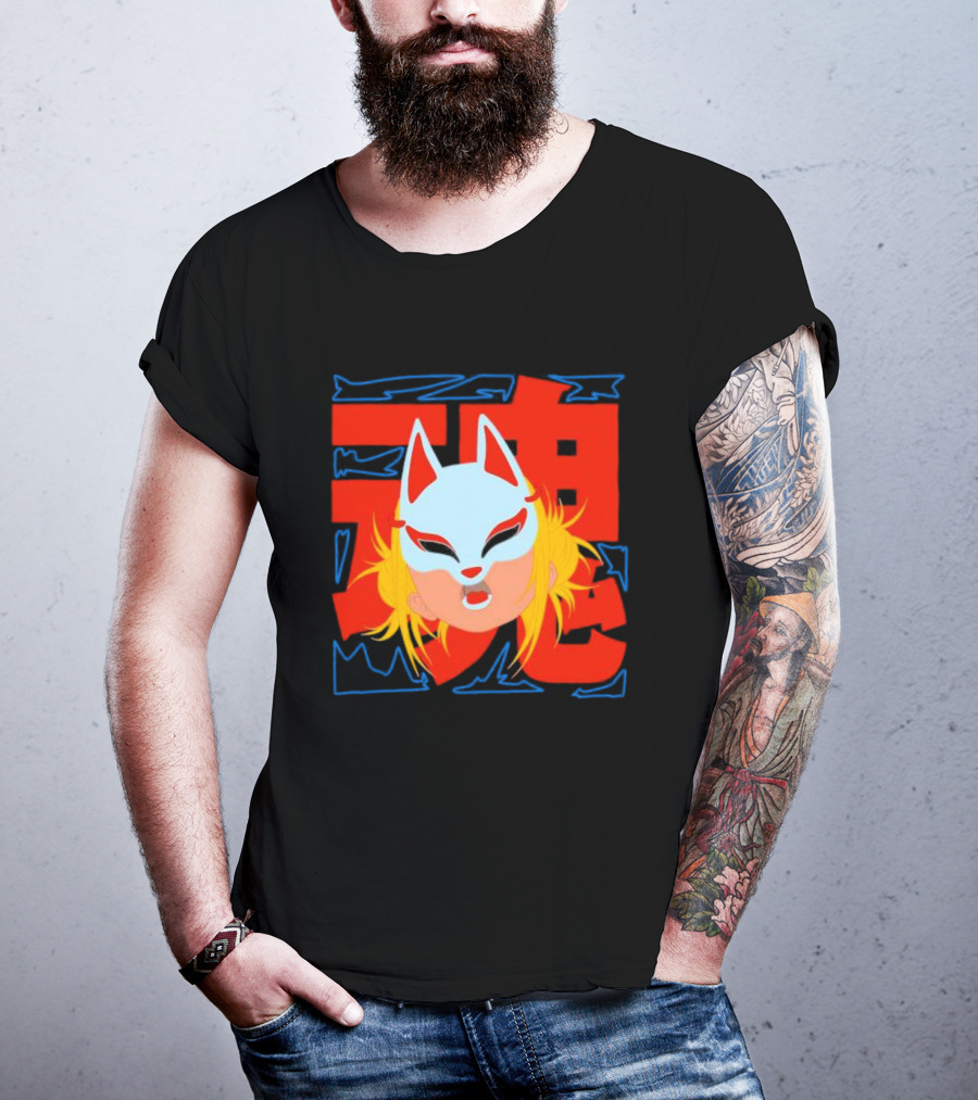 Kitsune Catori Mask With Red Kanji And Blond Hair T-Shirt