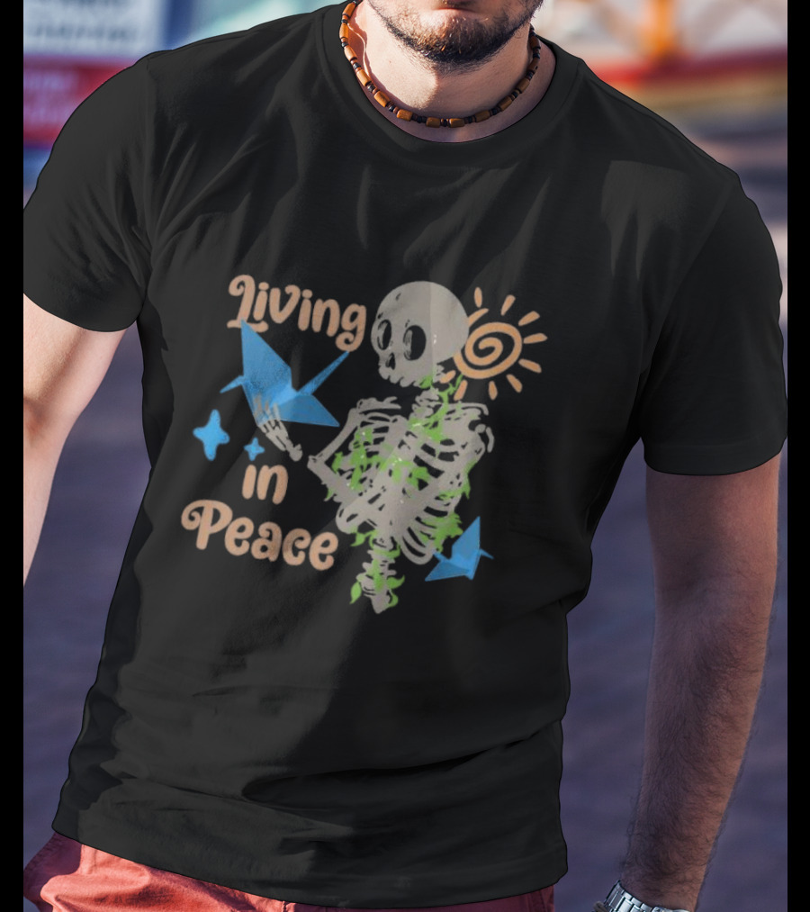 Living In Peace Skeleton Sun Origami Birds T-Shirt