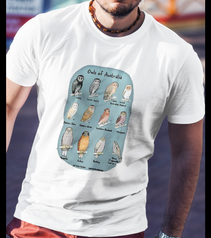 Owls Of Australia Illustrated Guide Featuring Sooty Lesser Sooty Australian Masked Eastern Barn Eastern Grass Southern Boobook Powerful Rufous Barking Barn Owl By Pete Pascoe T-Shirt