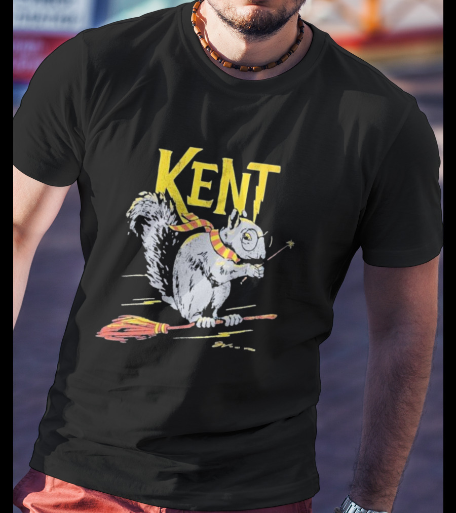 Kent Wizardly Squirrel Riding Broomstick With Wand And Scarf T-Shirt