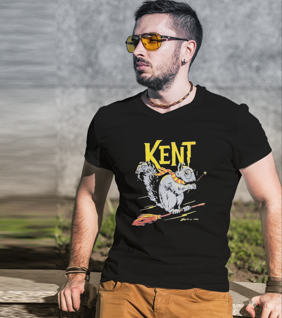 Kent Wizardly Squirrel Riding Broomstick With Wand And Scarf T-Shirt