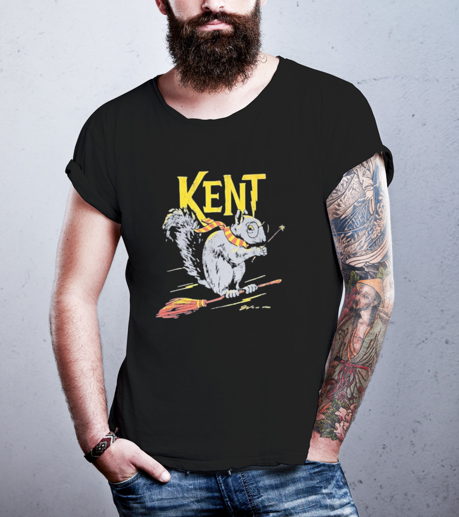 Kent Wizardly Squirrel Riding Broomstick With Wand And Scarf T-Shirt
