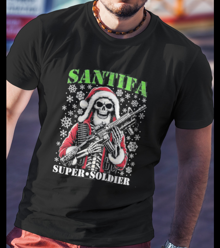Santifa Super Soldier Skeleton Santa With Snowflakes And Rifle T-Shirt