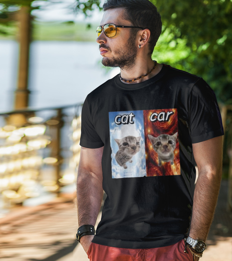 Cat Car Cringey Showdown In Cosmic Clouds And Fiery Vortex T-Shirt