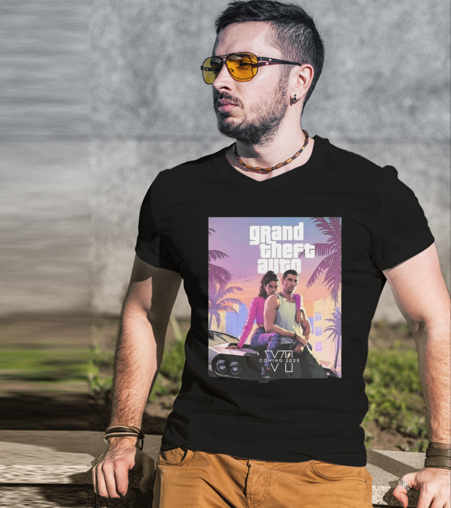 Grand Theft Auto VI Coming 2025 Retro Vice City Vibes Palm Trees Car T-Shirt