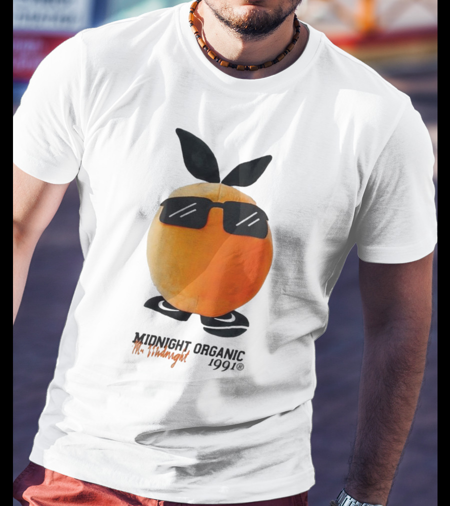 Midnight Organic Mr. Midnight 1991 Orange Character With Sunglasses T-Shirt