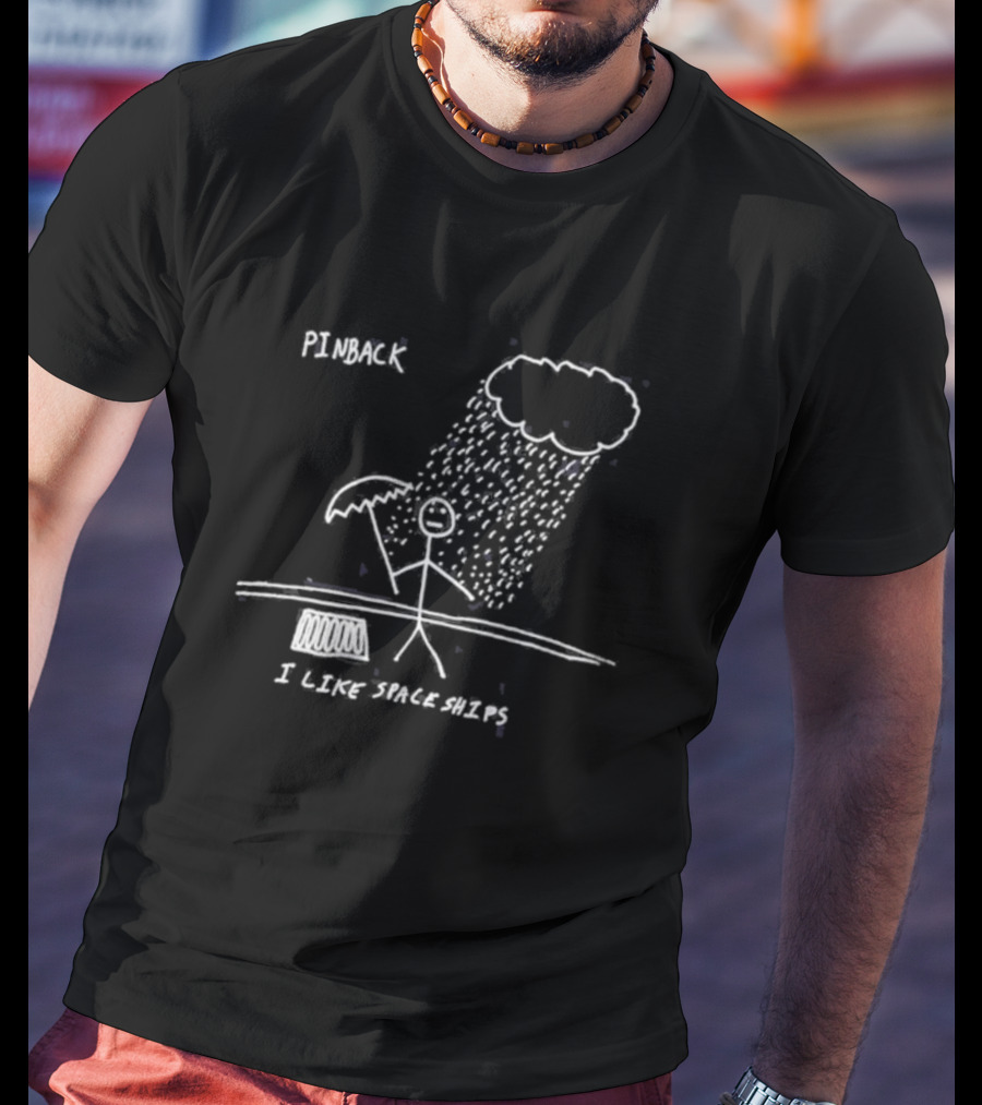 Pinback I Like Spaceships Stick Figure Standing In Rain With Umbrella T-Shirt